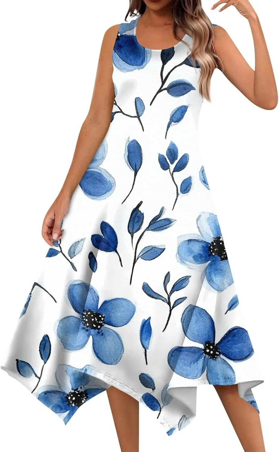 Summer Dresses for Women Summer Floral Flowy Sundresses Casual Beach Midi Tank Dresses Hankerchief Hem Sleeveless Dress