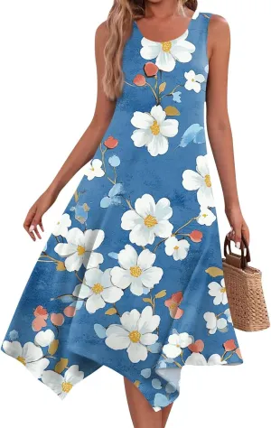 Summer Dresses for Women Summer Floral Flowy Sundresses Casual Beach Midi Tank Dresses Hankerchief Hem Sleeveless Dress