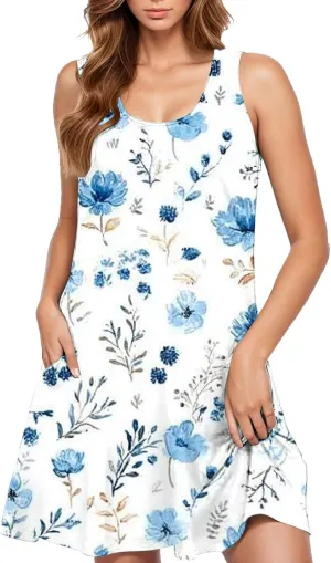 Sun Dresses for Women 2025 Vacation Bohemian Floral Flowy a Line Tank Dress Casual Summer Beach Coverup with Pockets