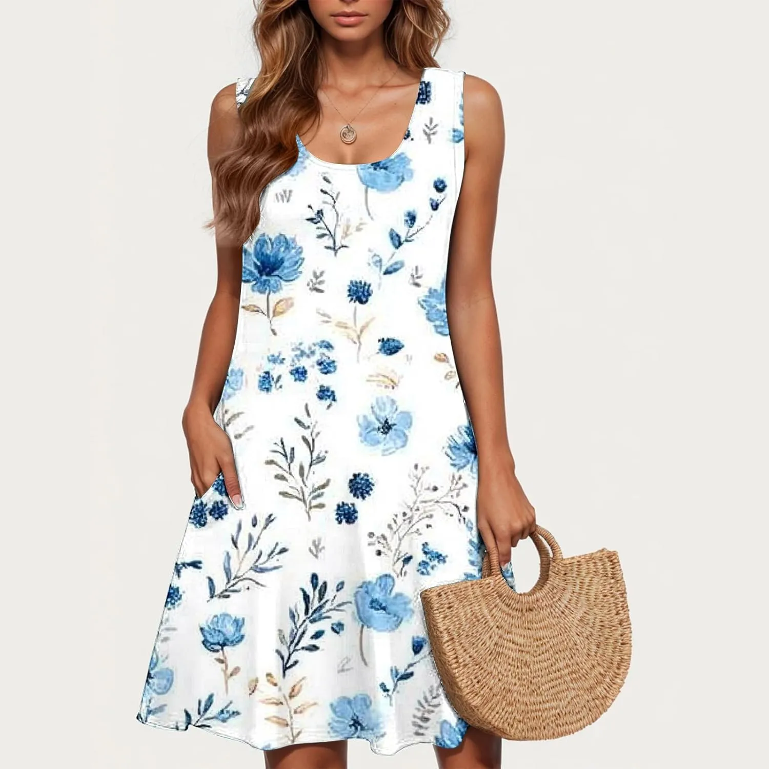 Sun Dresses for Women 2025 Vacation Bohemian Floral Flowy a Line Tank Dress Casual Summer Beach Coverup with Pockets
