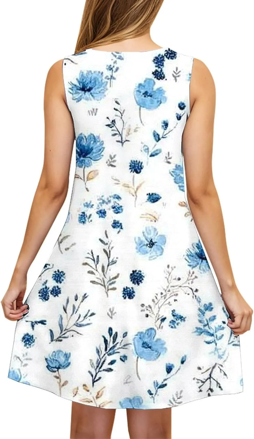 Sun Dresses for Women 2025 Vacation Bohemian Floral Flowy a Line Tank Dress Casual Summer Beach Coverup with Pockets