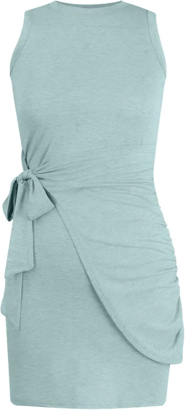 Sundresses for Women 2024 Summer Casual Sleeveless Wrap Beach Dress Ruched Tie Waist Mini Dress Vacation Tank Dresses