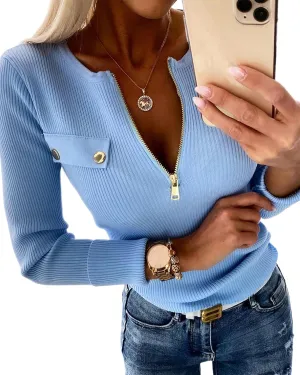 Sweaters for Women Crewneck Long Sleeve Knit Sweater Half Zipper Casual Pullover Knit Tops
