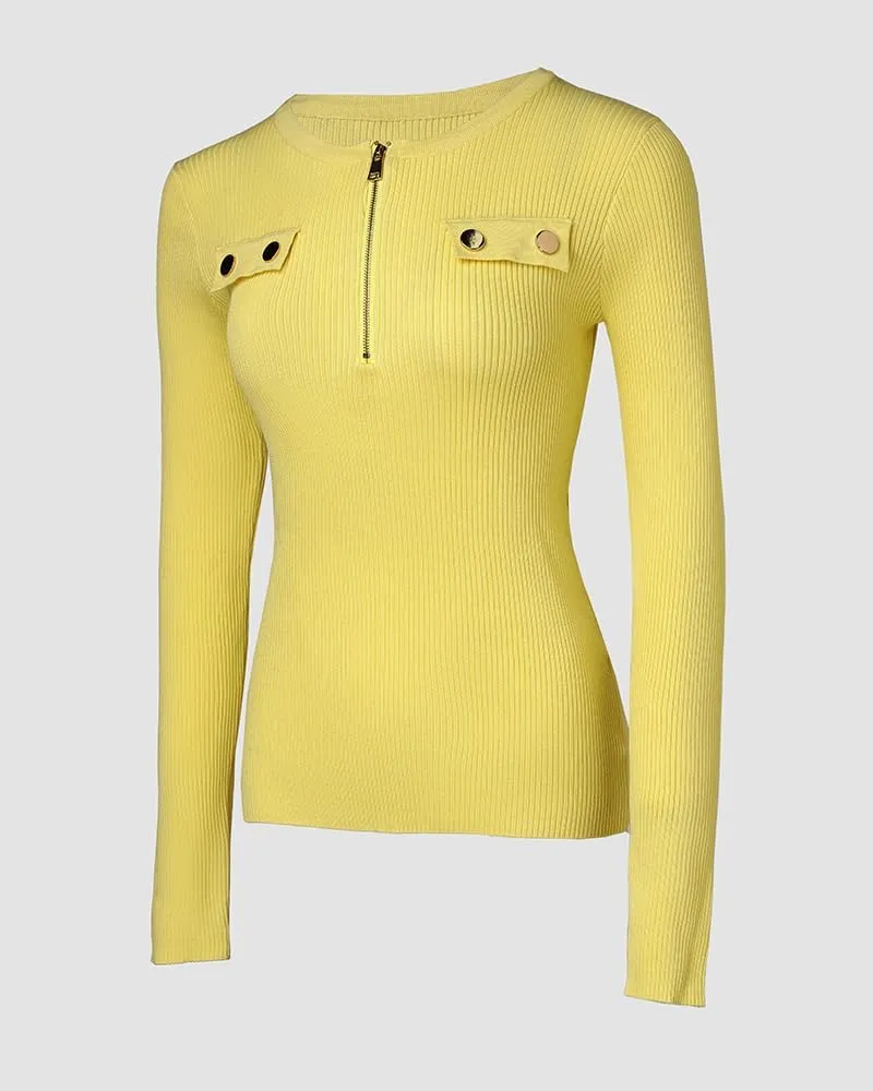 Sweaters for Women Crewneck Long Sleeve Knit Sweater Half Zipper Casual Pullover Knit Tops