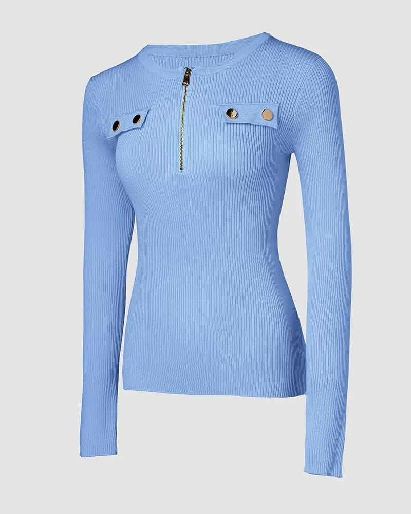 Sweaters for Women Crewneck Long Sleeve Knit Sweater Half Zipper Casual Pullover Knit Tops