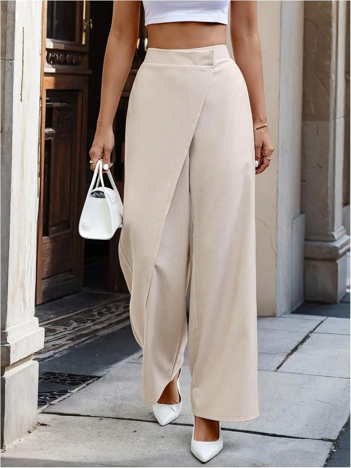SweatyRocks Women's Elegant Wrap Front High Waisted Wide Leg Pants Suit Pants Trousers