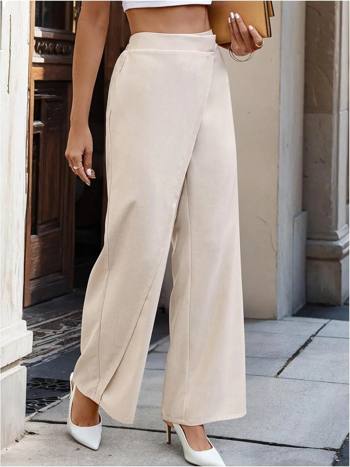 SweatyRocks Women's Elegant Wrap Front High Waisted Wide Leg Pants Suit Pants Trousers