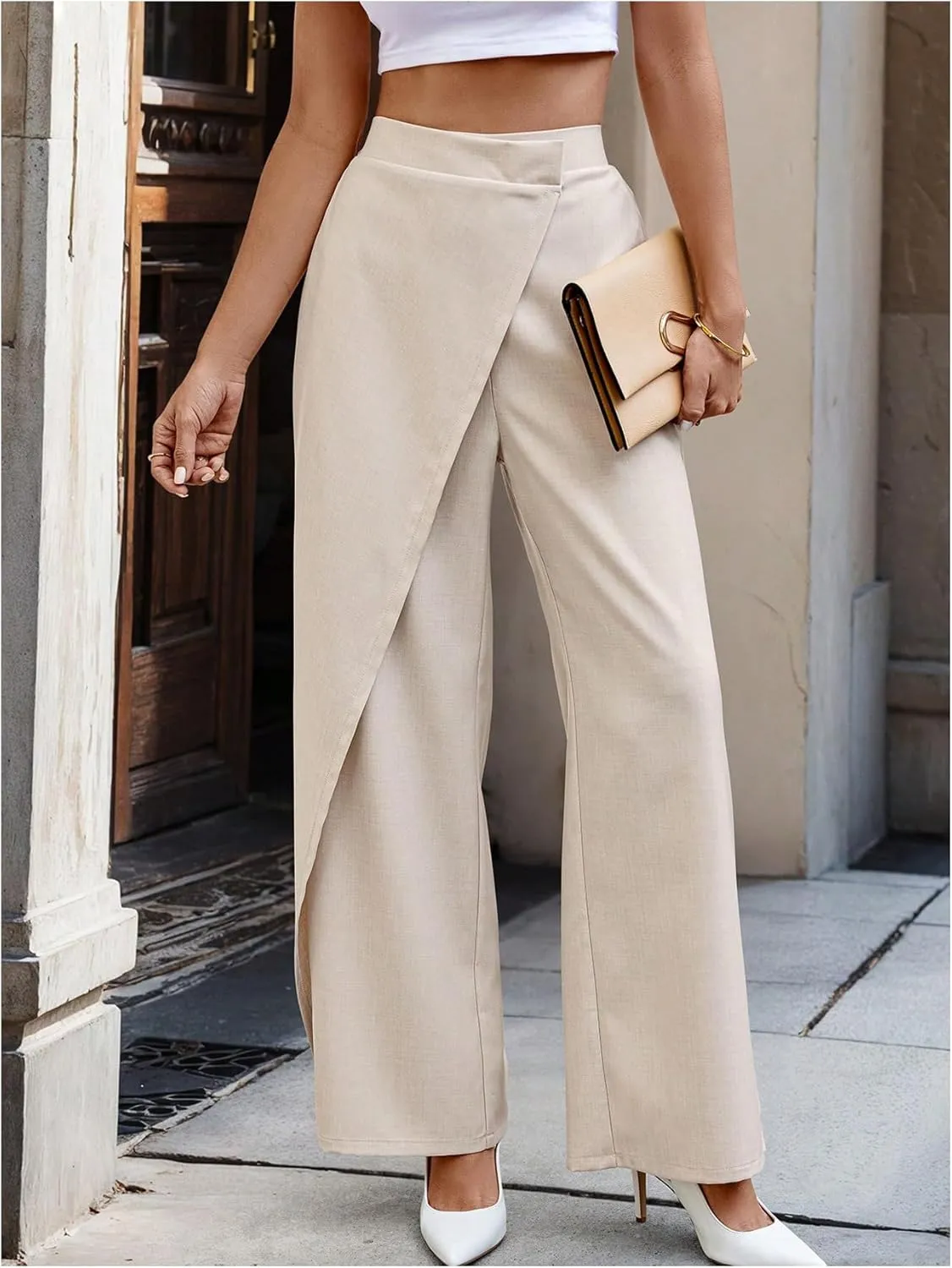 SweatyRocks Women's Elegant Wrap Front High Waisted Wide Leg Pants Suit Pants Trousers