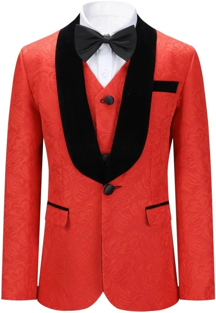 SWOTGdoby Boys 3 Pieces Suit Slim Fit Jacquard Tuxedo Formal Shawl Collar Jacket Vest Pants Ring Bearer Outfit Wedding Prom
