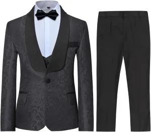 SWOTGdoby Boys 3 Pieces Suit Slim Fit Jacquard Tuxedo Formal Shawl Collar Jacket Vest Pants Ring Bearer Outfit Wedding Prom
