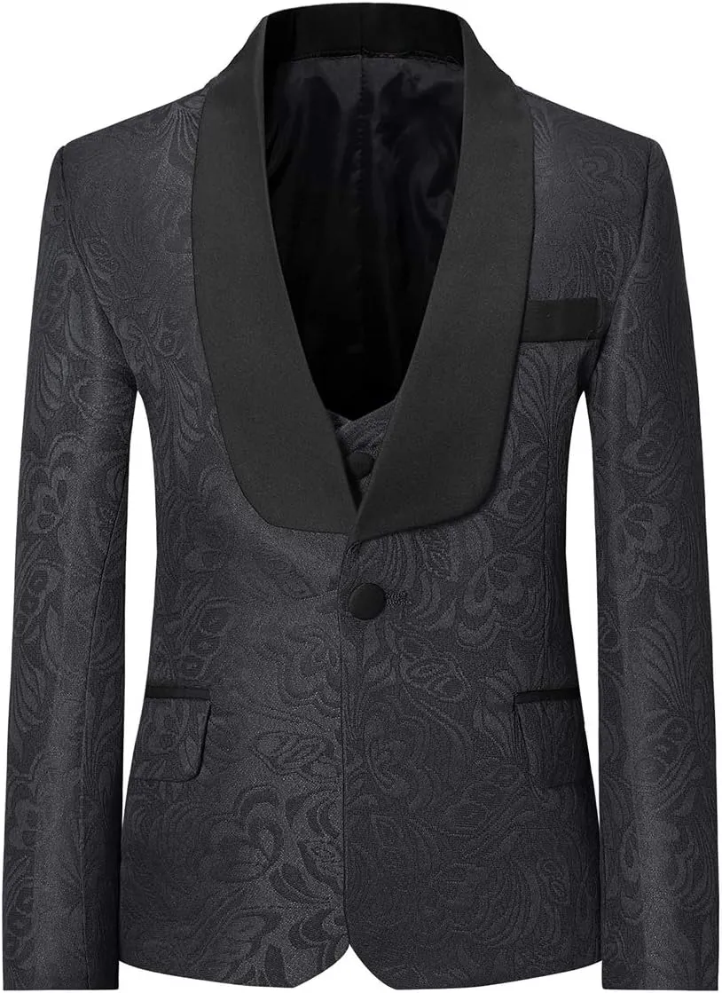 SWOTGdoby Boys 3 Pieces Suit Slim Fit Jacquard Tuxedo Formal Shawl Collar Jacket Vest Pants Ring Bearer Outfit Wedding Prom