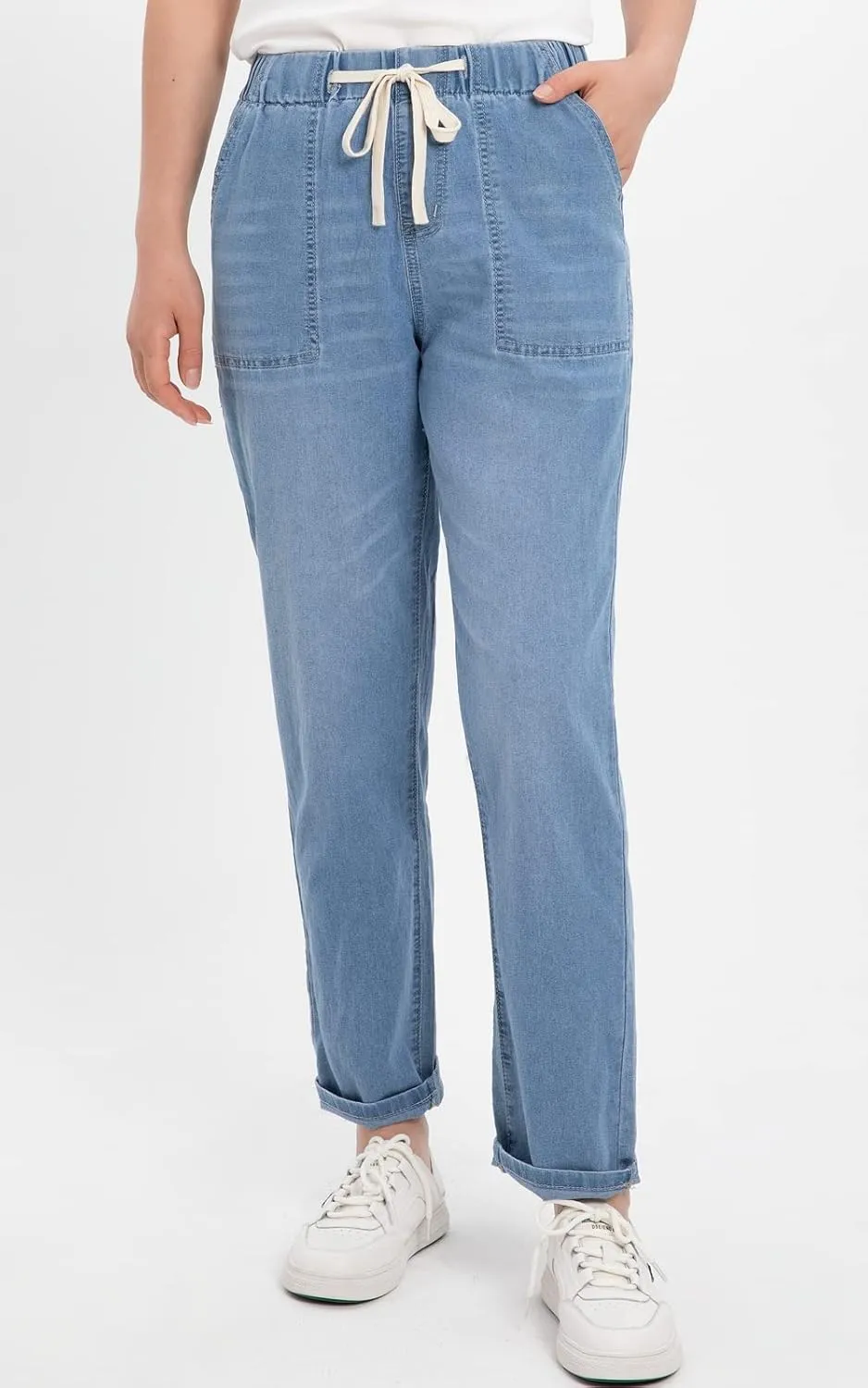 ThCreasa Womens Casual Elastic Waist Pull On Jeans Lightweight Drawstring Denim Pants