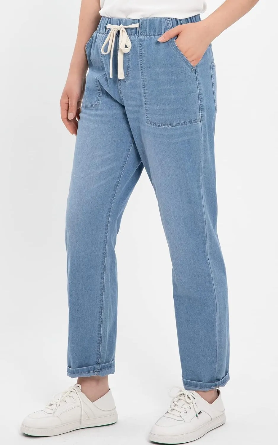 ThCreasa Womens Casual Elastic Waist Pull On Jeans Lightweight Drawstring Denim Pants