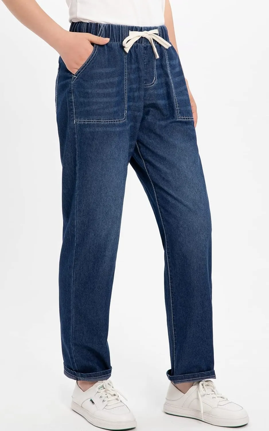 ThCreasa Womens Casual Elastic Waist Pull On Jeans Lightweight Drawstring Denim Pants