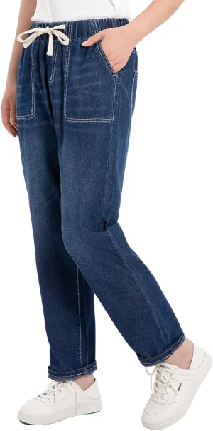 ThCreasa Womens Casual Elastic Waist Pull On Jeans Lightweight Drawstring Denim Pants