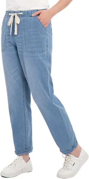 ThCreasa Womens Casual Elastic Waist Pull On Jeans Lightweight Drawstring Denim Pants