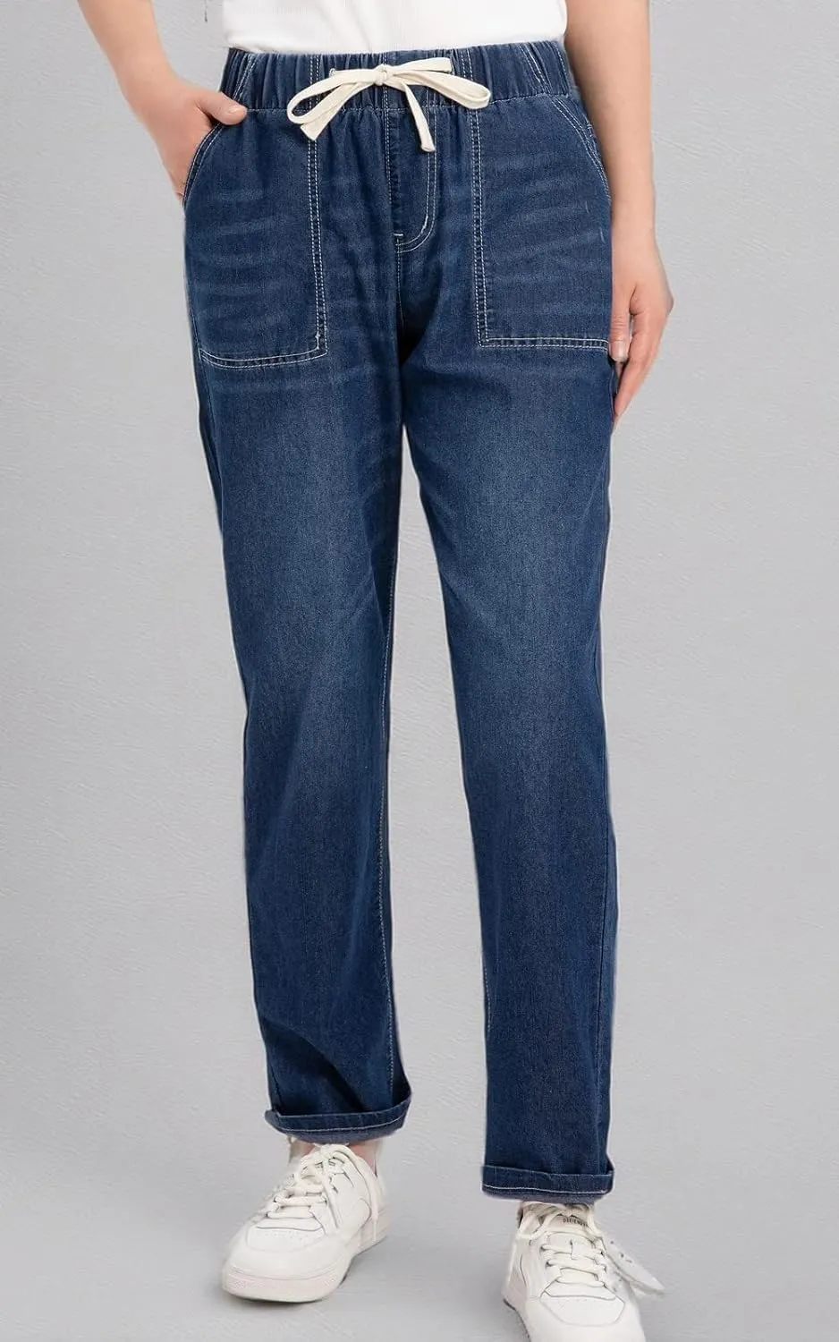ThCreasa Womens Casual Elastic Waist Pull On Jeans Lightweight Drawstring Denim Pants