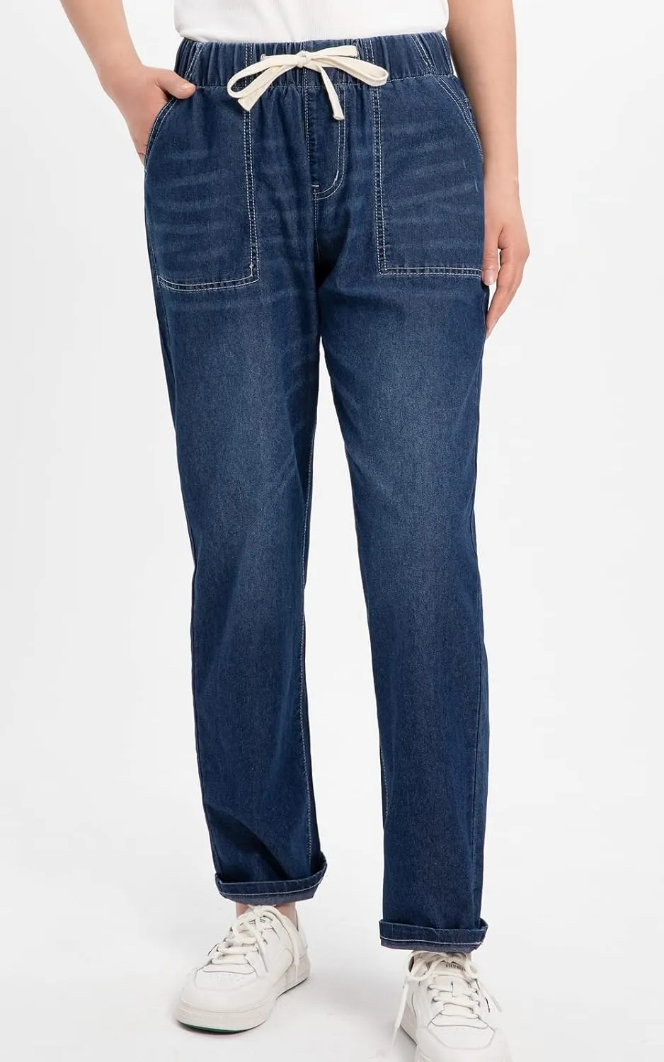 ThCreasa Womens Casual Elastic Waist Pull On Jeans Lightweight Drawstring Denim Pants