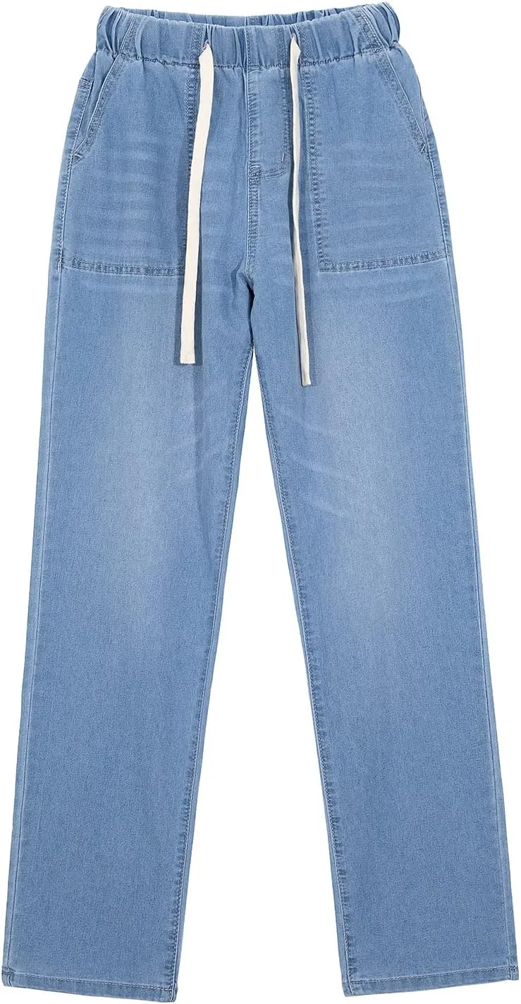 ThCreasa Womens Casual Elastic Waist Pull On Jeans Lightweight Drawstring Denim Pants