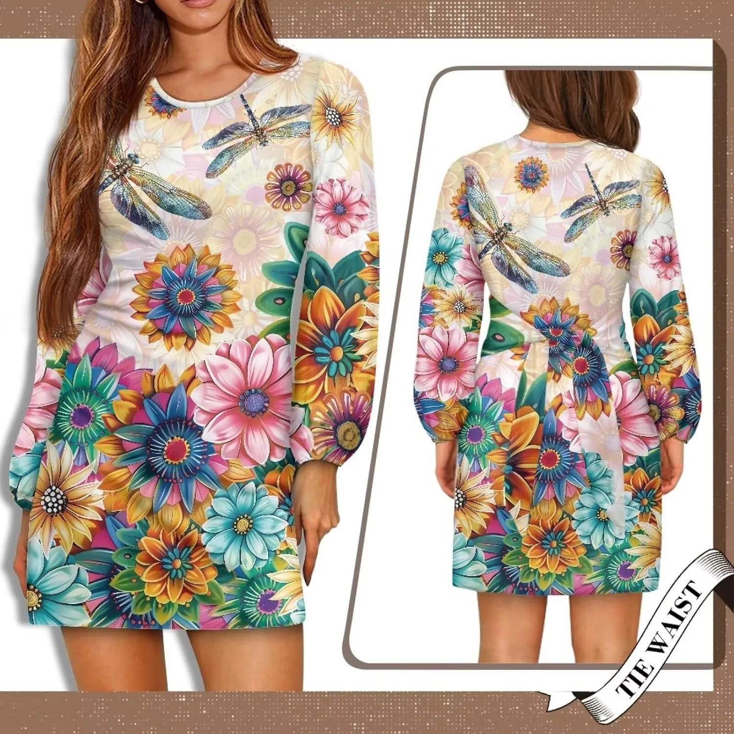 TODIYADDU Womens Dresses Trendy Cocktail Dresses for Wedding Guest Casual Fall Dresses Ladies Long Sleeve Tie Waist Dress