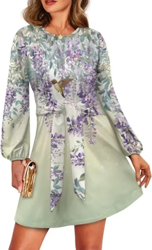 TODIYADDU Womens Dresses Trendy Cocktail Dresses for Wedding Guest Casual Fall Dresses Ladies Long Sleeve Tie Waist Dress