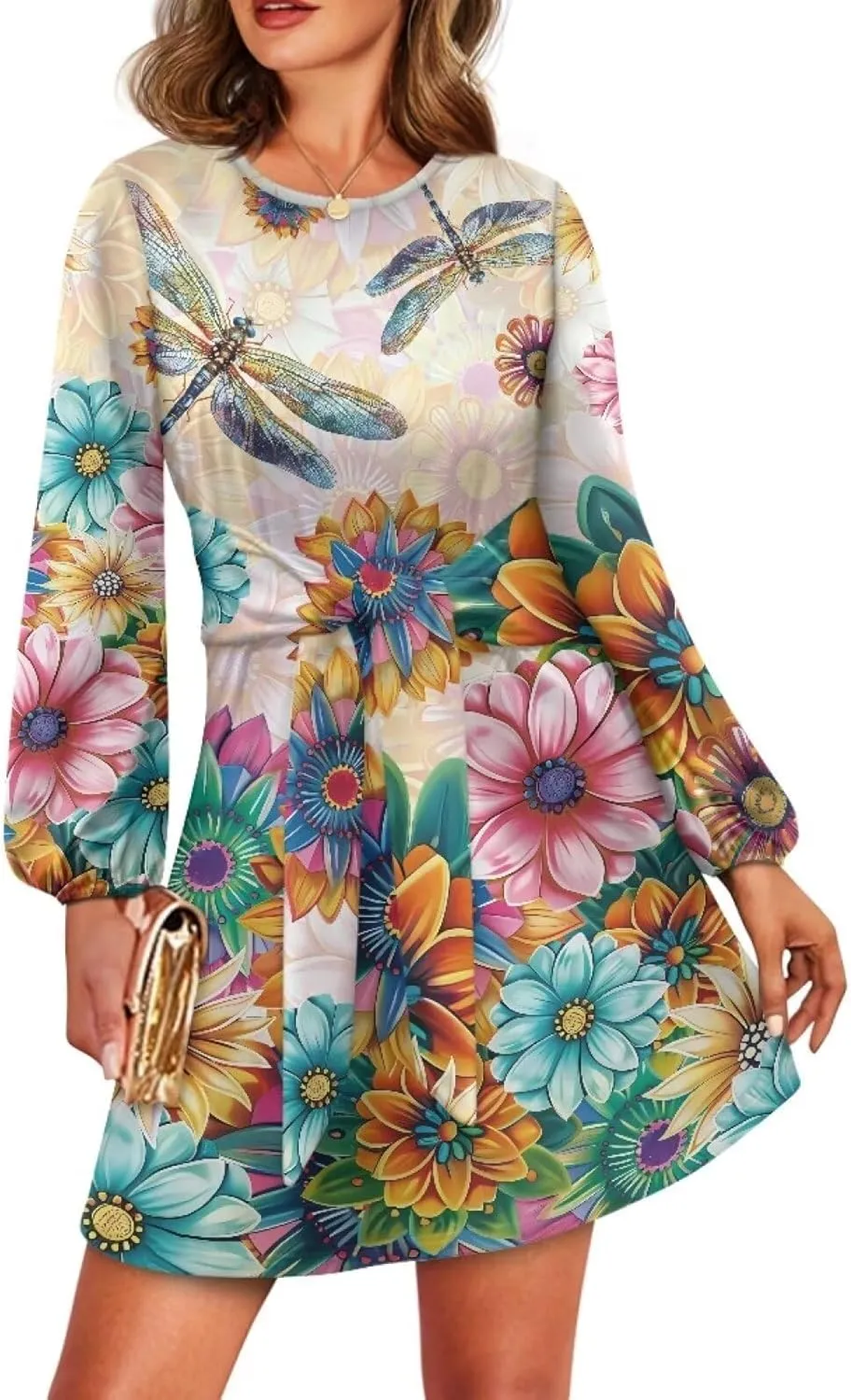 TODIYADDU Womens Dresses Trendy Cocktail Dresses for Wedding Guest Casual Fall Dresses Ladies Long Sleeve Tie Waist Dress