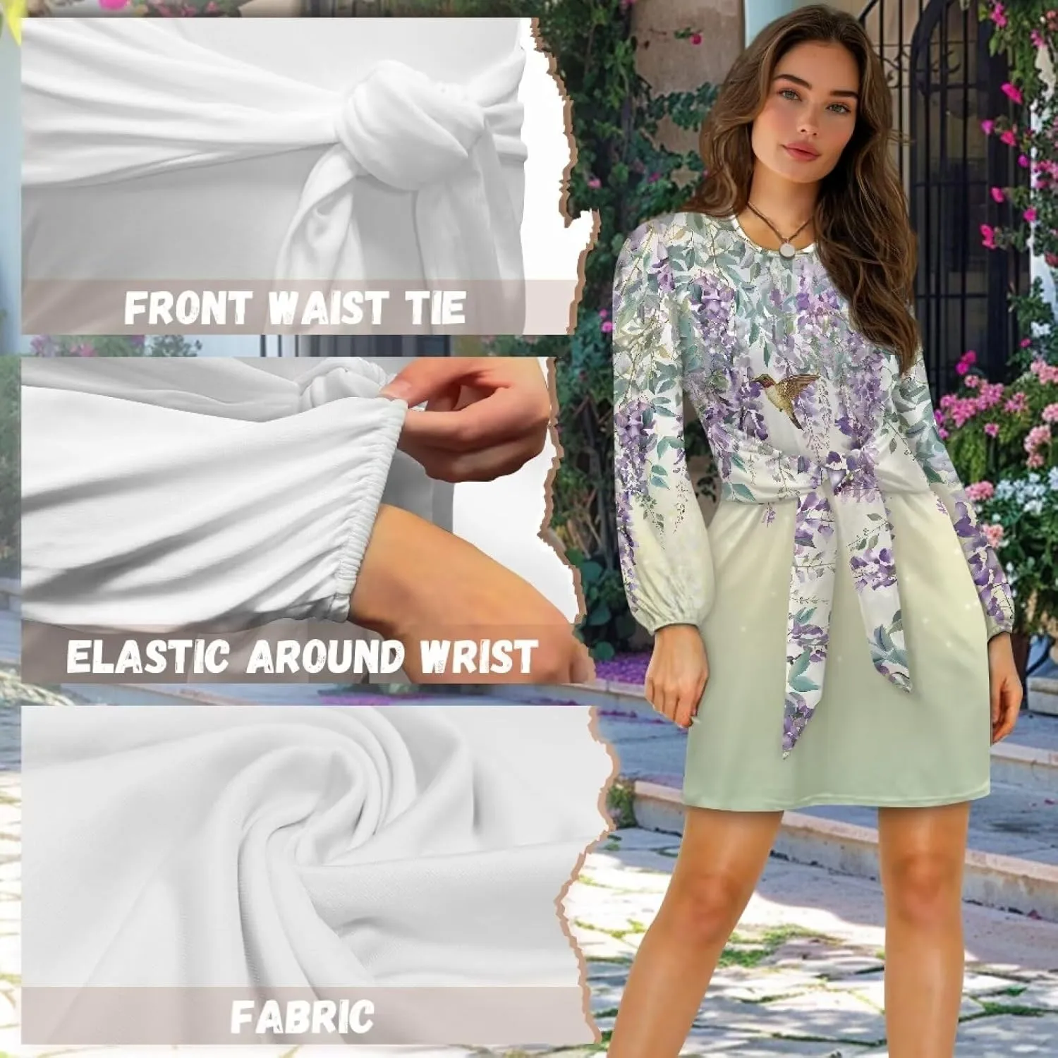 TODIYADDU Womens Dresses Trendy Cocktail Dresses for Wedding Guest Casual Fall Dresses Ladies Long Sleeve Tie Waist Dress