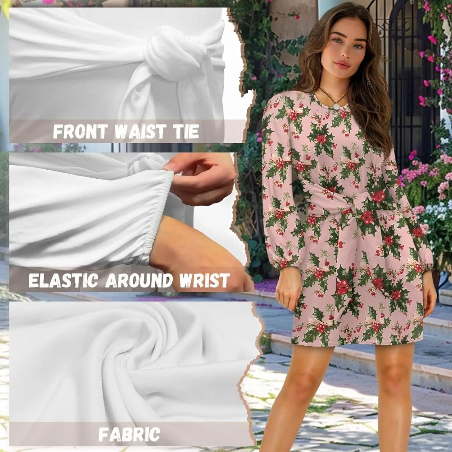 TODIYADDU Womens Dresses Trendy Cocktail Dresses for Wedding Guest Casual Fall Dresses Ladies Long Sleeve Tie Waist Dress