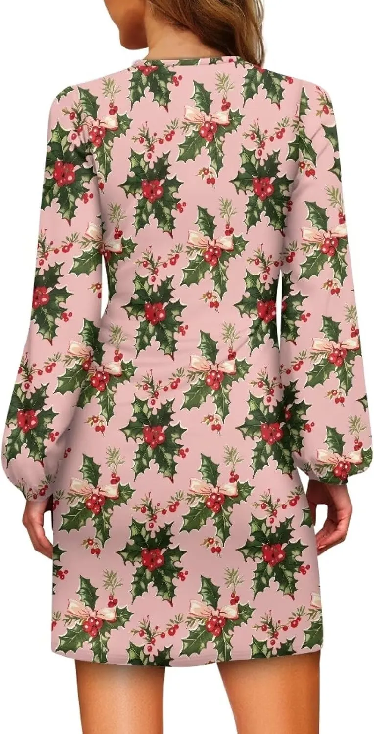 TODIYADDU Womens Dresses Trendy Cocktail Dresses for Wedding Guest Casual Fall Dresses Ladies Long Sleeve Tie Waist Dress