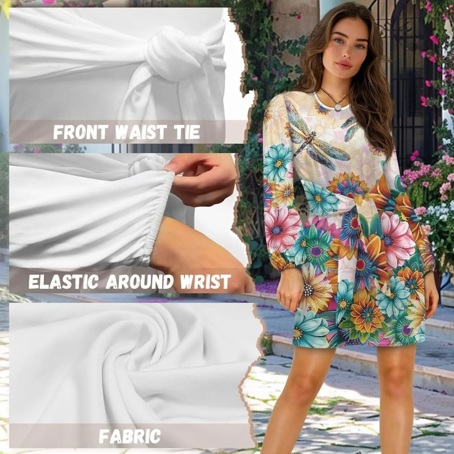 TODIYADDU Womens Dresses Trendy Cocktail Dresses for Wedding Guest Casual Fall Dresses Ladies Long Sleeve Tie Waist Dress
