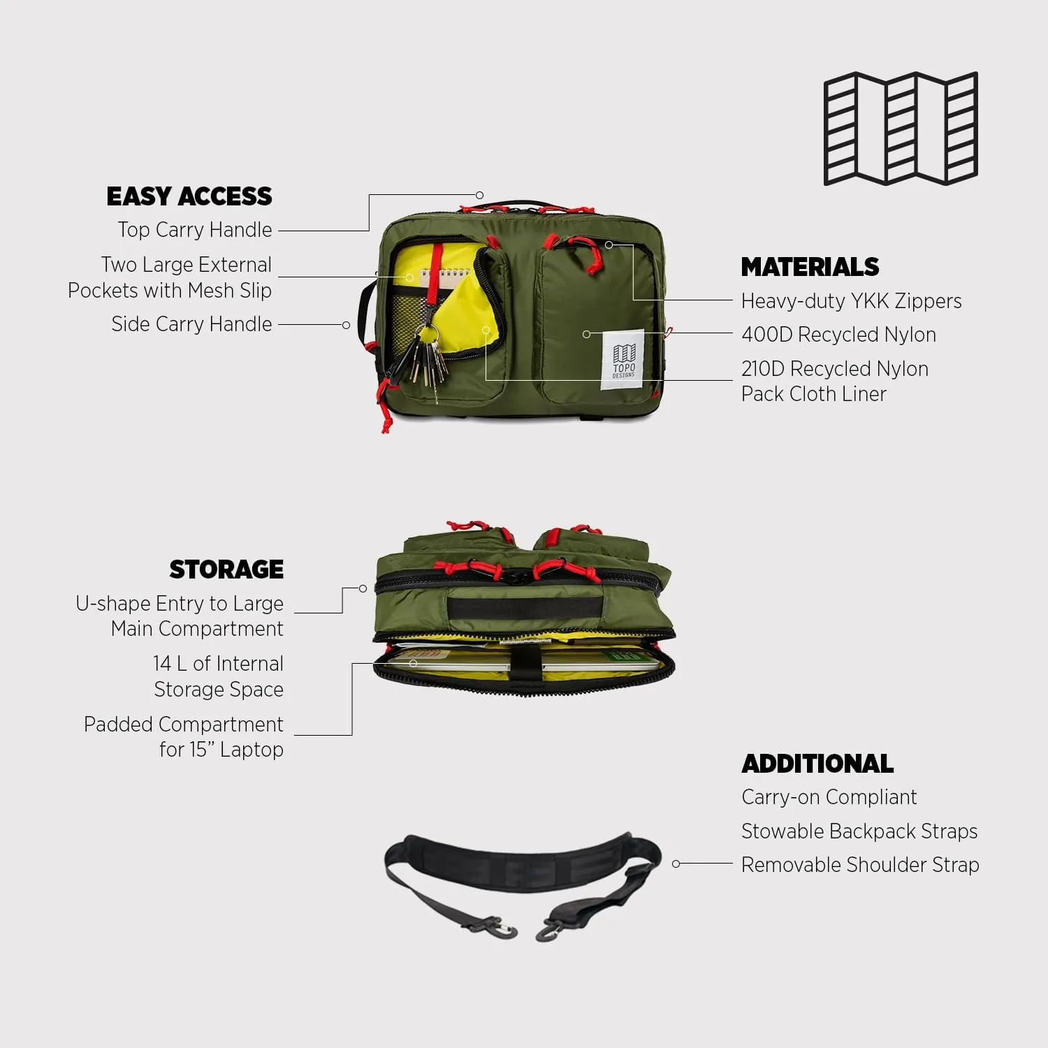 Topo Designs Global Briefcase - Bold Daily Carry Bag, Commuting Travel Pack with Oversized Zips, Signature Denver Style (Eco-Friendly/Black)