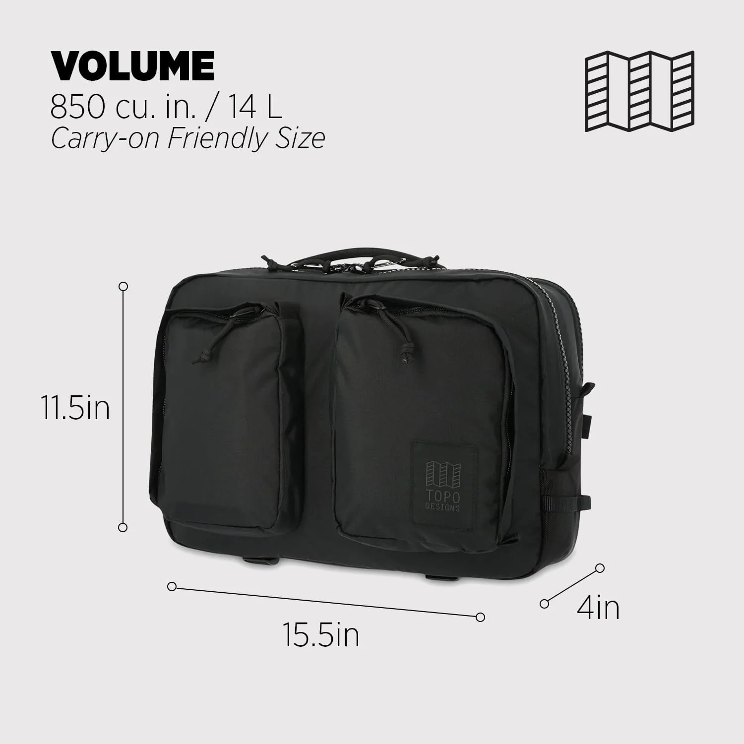 Topo Designs Global Briefcase - Bold Daily Carry Bag, Commuting Travel Pack with Oversized Zips, Signature Denver Style (Eco-Friendly/Black)