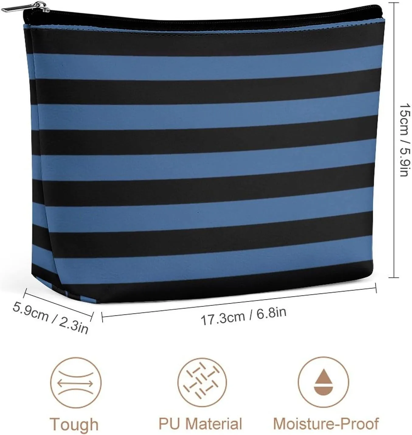Travel Makeup Bag, Modern Blue Black Bold Striped Pattern Cosmetic Bags for Women Large Capacity Waterproof Toiletry Pouch Make up Organizer