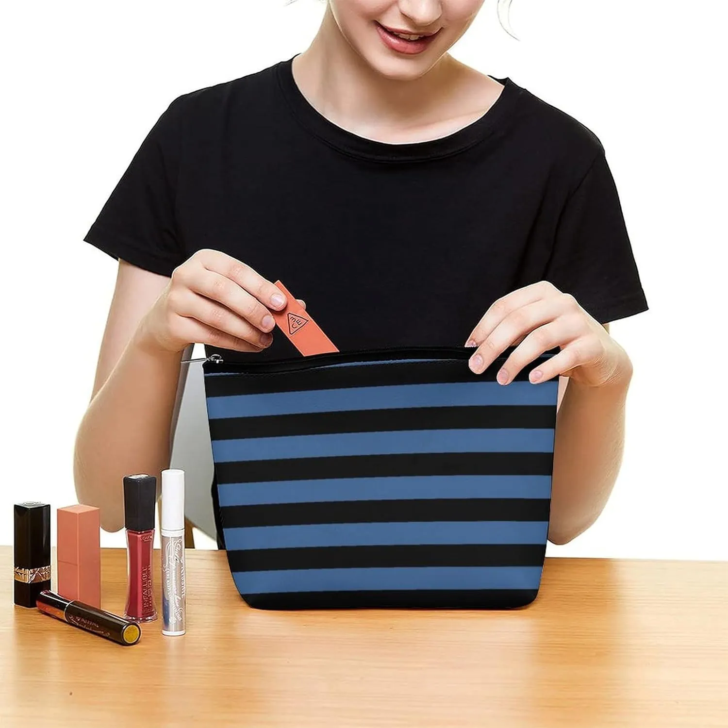 Travel Makeup Bag, Modern Blue Black Bold Striped Pattern Cosmetic Bags for Women Large Capacity Waterproof Toiletry Pouch Make up Organizer