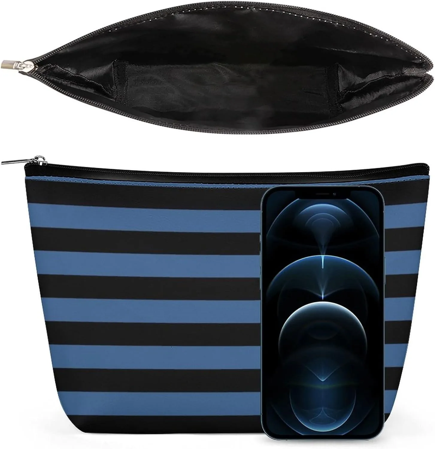 Travel Makeup Bag, Modern Blue Black Bold Striped Pattern Cosmetic Bags for Women Large Capacity Waterproof Toiletry Pouch Make up Organizer
