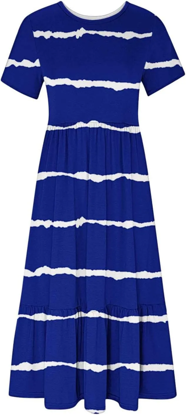 Trendy 2025 Womens Summer Dresses Vintage Printing Loose Short Sleeve Maxi Dress Pleated Swing Novelty Dresses