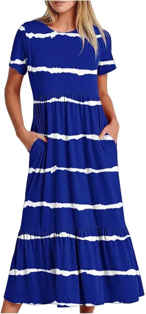 Trendy 2025 Womens Summer Dresses Vintage Printing Loose Short Sleeve Maxi Dress Pleated Swing Novelty Dresses