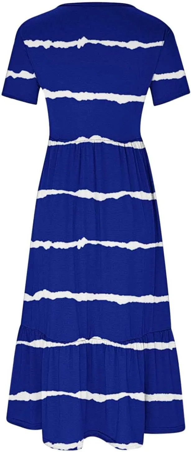 Trendy 2025 Womens Summer Dresses Vintage Printing Loose Short Sleeve Maxi Dress Pleated Swing Novelty Dresses