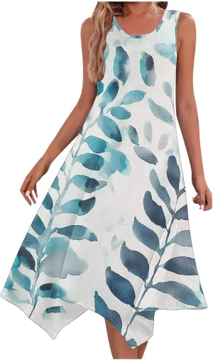 Trendy Summer Dress for Women Fashion Print Sundresses Slim Tank Top Round Neck Pockets Beach Vacation Dresses