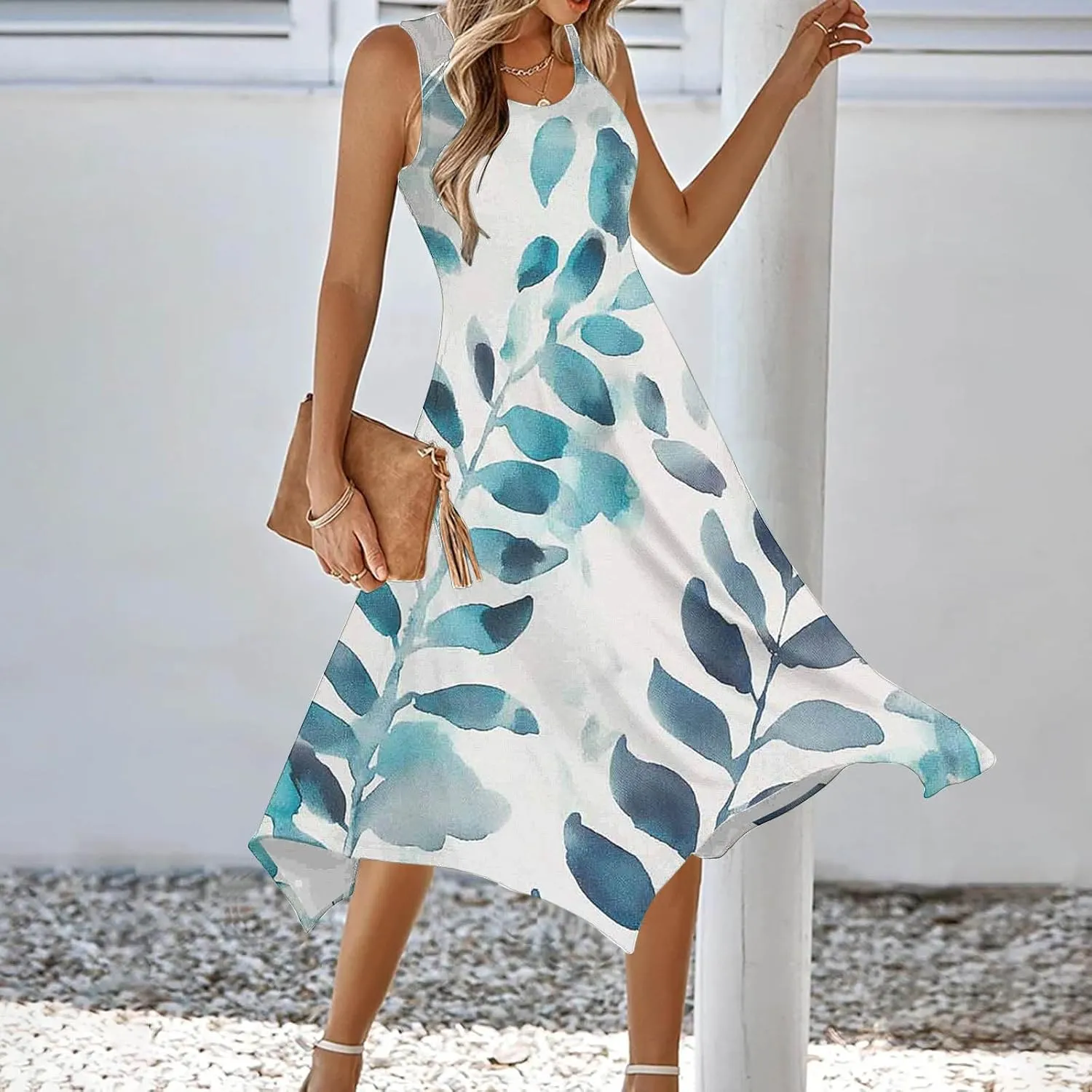 Trendy Summer Dress for Women Fashion Print Sundresses Slim Tank Top Round Neck Pockets Beach Vacation Dresses