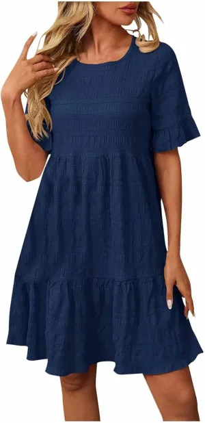 Trendy Summer Dress for Women Solid Color Short Sleeve Patchwork Casual Dresses Pleated Floral Hem A-line Dress