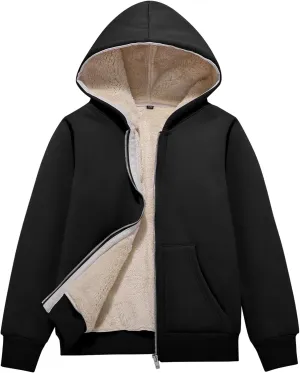 Unisex Boys Girls Sherpa Lined Fleece Jacket Hoodie Kids Warm Winter Zip Up Hooded Sweatshirt Jackets Coat 5-15Y