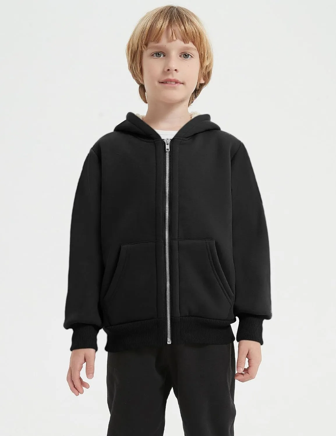 Unisex Boys Girls Sherpa Lined Fleece Jacket Hoodie Kids Warm Winter Zip Up Hooded Sweatshirt Jackets Coat 5-15Y