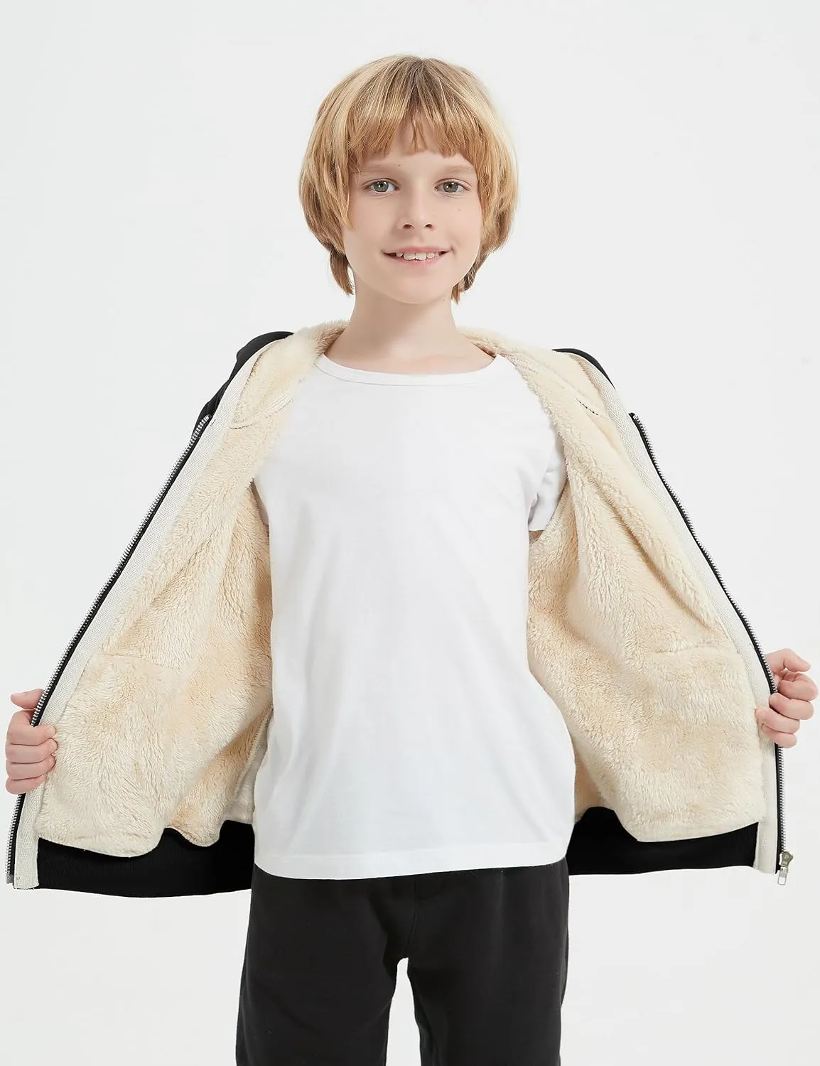 Unisex Boys Girls Sherpa Lined Fleece Jacket Hoodie Kids Warm Winter Zip Up Hooded Sweatshirt Jackets Coat 5-15Y