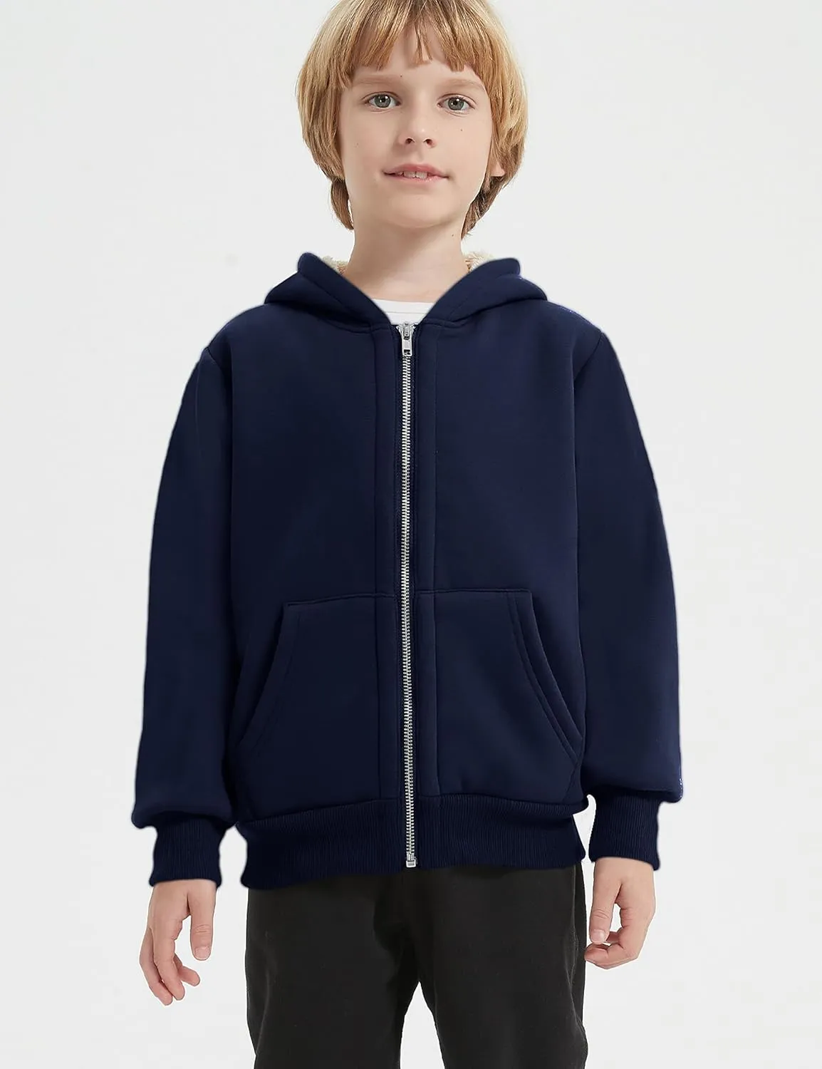 Unisex Boys Girls Sherpa Lined Fleece Jacket Hoodie Kids Warm Winter Zip Up Hooded Sweatshirt Jackets Coat 5-15Y