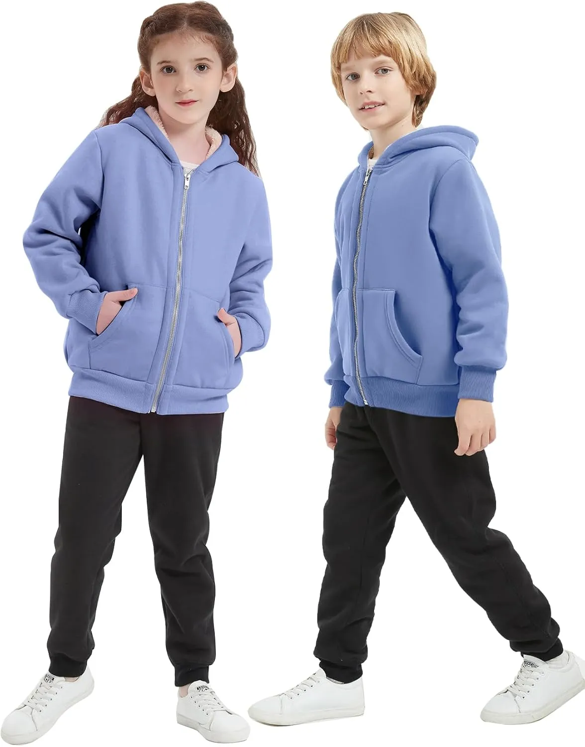 Unisex Boys Girls Sherpa Lined Fleece Jacket Hoodie Kids Warm Winter Zip Up Hooded Sweatshirt Jackets Coat 5-15Y