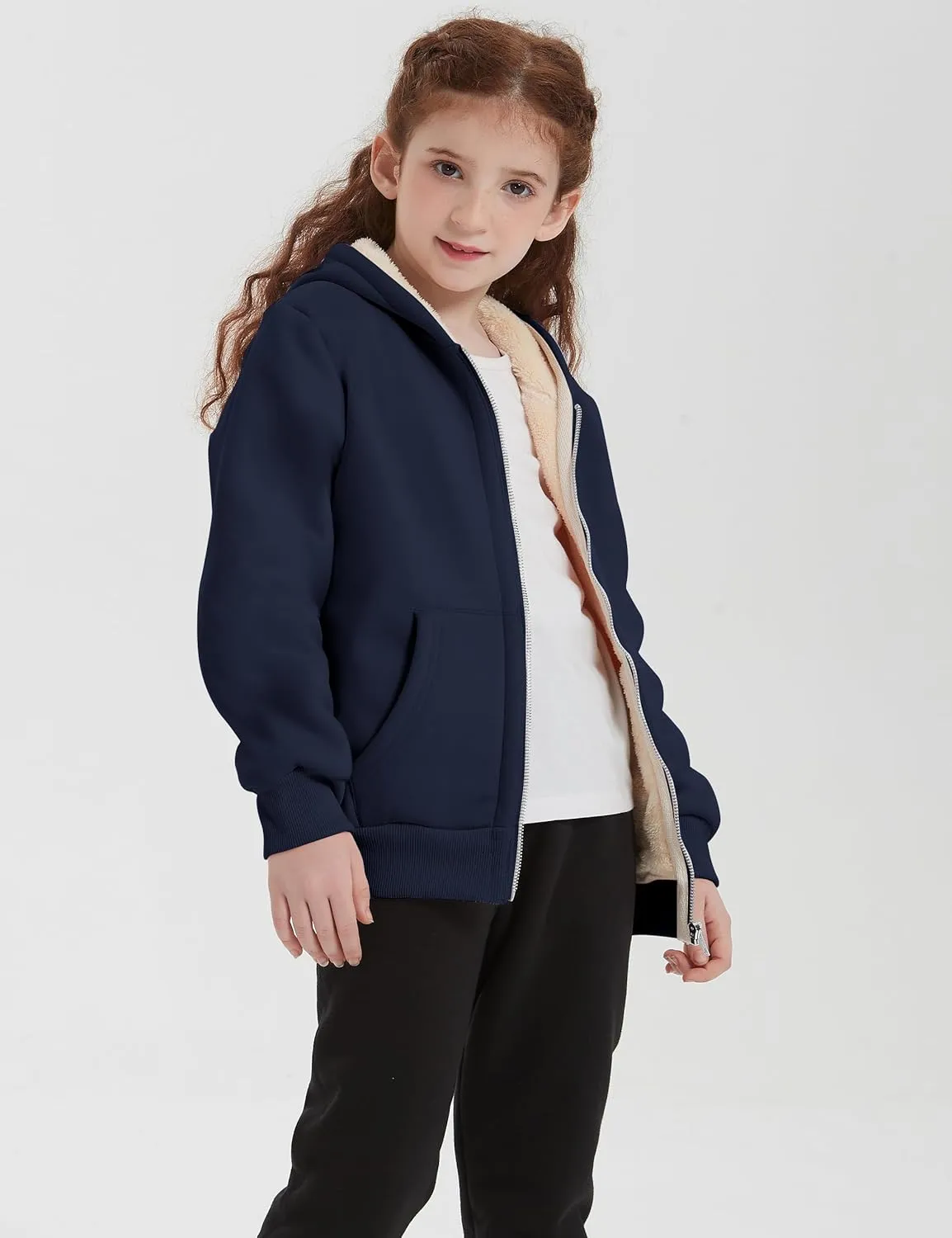 Unisex Boys Girls Sherpa Lined Fleece Jacket Hoodie Kids Warm Winter Zip Up Hooded Sweatshirt Jackets Coat 5-15Y