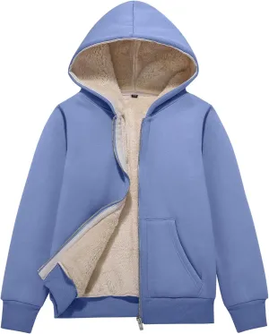 Unisex Boys Girls Sherpa Lined Fleece Jacket Hoodie Kids Warm Winter Zip Up Hooded Sweatshirt Jackets Coat 5-15Y