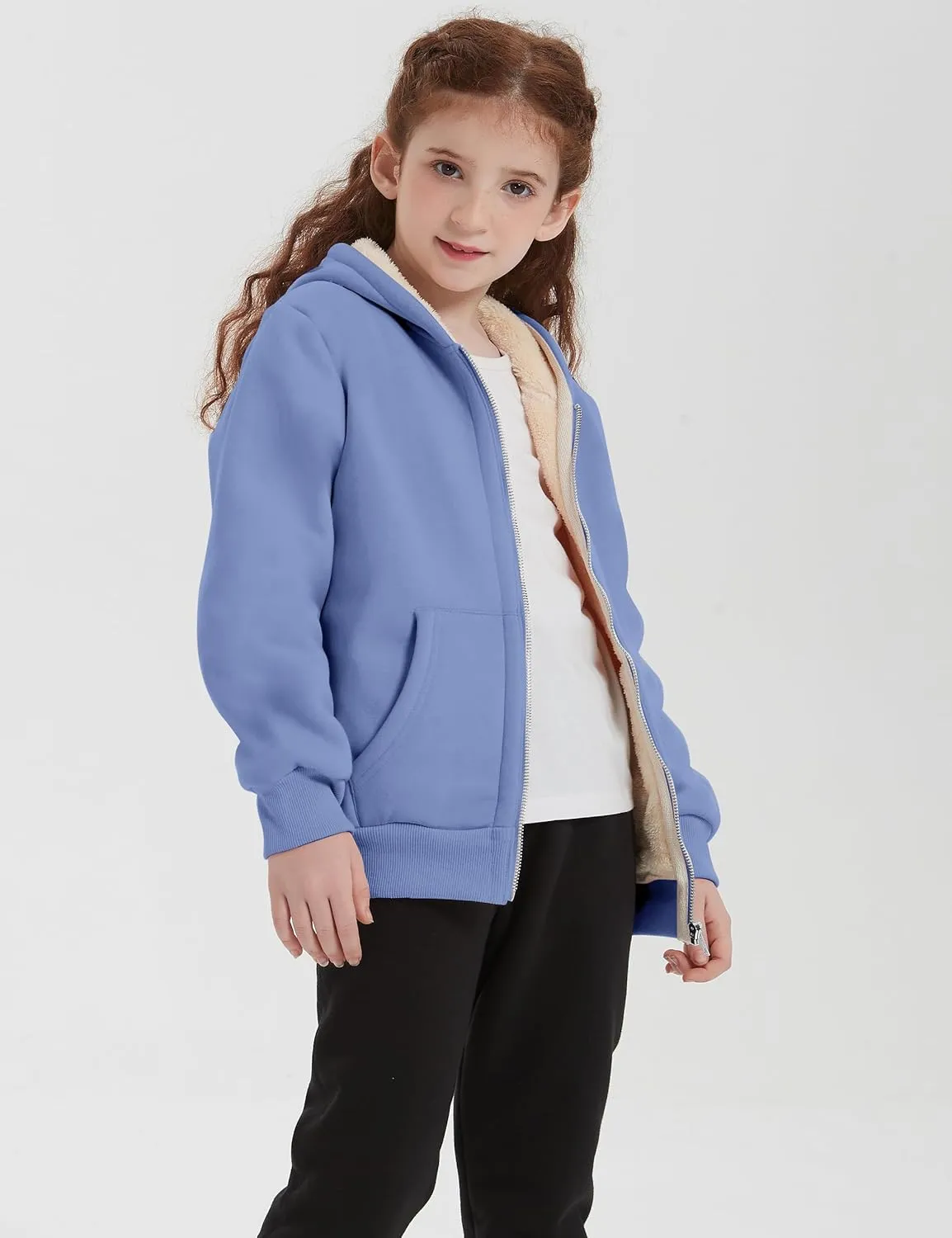 Unisex Boys Girls Sherpa Lined Fleece Jacket Hoodie Kids Warm Winter Zip Up Hooded Sweatshirt Jackets Coat 5-15Y
