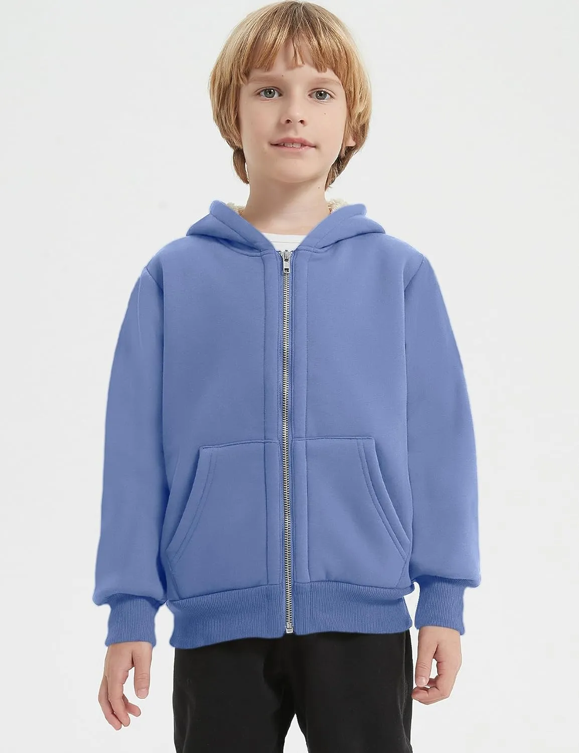 Unisex Boys Girls Sherpa Lined Fleece Jacket Hoodie Kids Warm Winter Zip Up Hooded Sweatshirt Jackets Coat 5-15Y